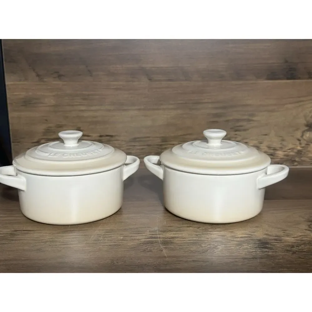 2 Le Creuset Stoneware Mini Cocotte W/Lid 10cm / 8oz ~ DUNE NIB